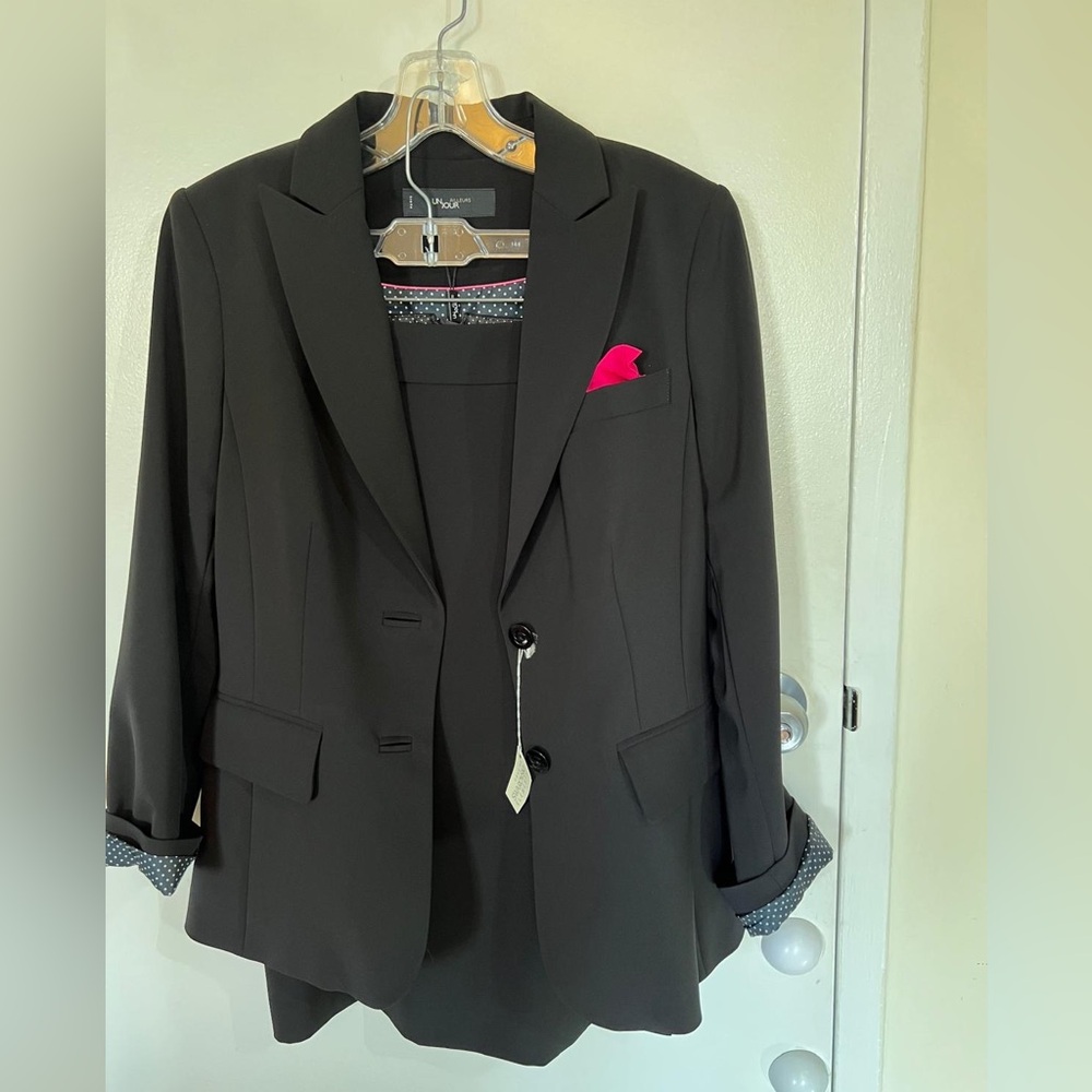 Skirt Suit Black Blazer with Pink Pocket Square